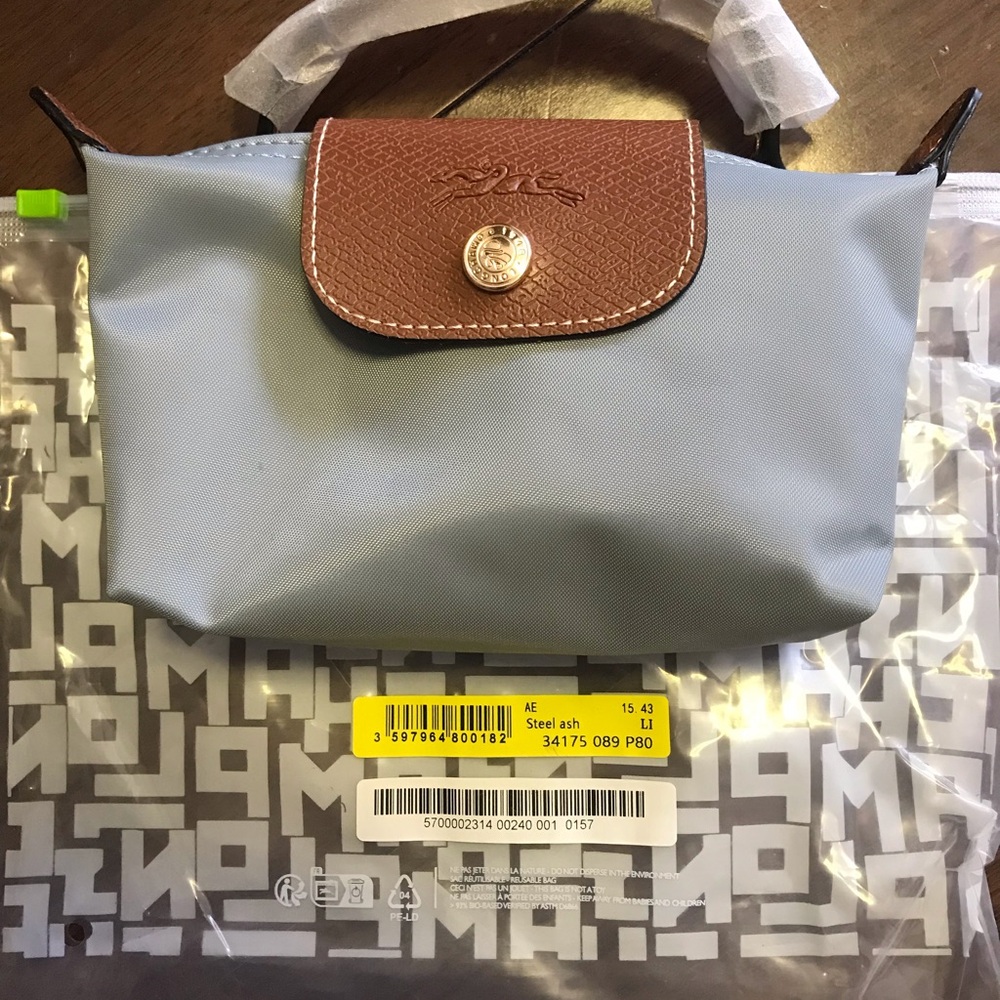 Longchamp Small Nylon Cosmetic Pouch in Steel Ash with Brown Leather Flap
